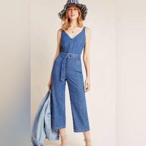 Anthropologie PAIGE Aiden Blue Denim Wide-Leg Jumpsuit Overalls XS Missing Belt